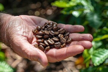 Poster - Hands gently holding heap of freshly roasted coffee beans close up representation of rich aroma and deep flavor of espresso showcasing natural beauty and texture of seeds