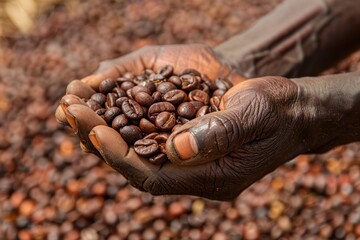 Wall Mural - Hands gently holding heap of freshly roasted coffee beans close up representation of rich aroma and deep flavor of espresso showcasing natural beauty and texture of seeds