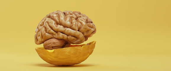 creative image of a brain in the form of a walnut in a surreal modern pop art style. minimalism. pastel yellow background.