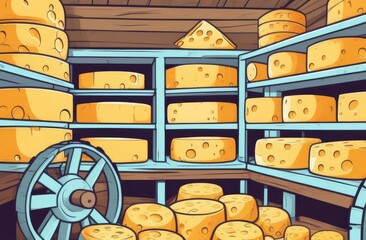 large cheese wheels in a dry room on a farm, cheese factory shelves with aged cheese, cheese wheels 