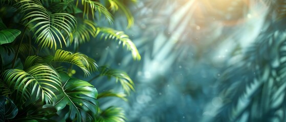 Poster - An abstract background for spring and summer featuring a blurred shadow cast by palm leaves on a light blue wall.