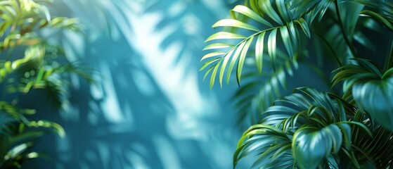 Poster - Palm leaf shadows on light blue wall. Spring and summer background.