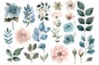 DIY blush pink blue flower, green leaves illustration set. Ideal for bouquets, wreaths, wedding invitations, anniversary, birthday, postcards, greeting cards.