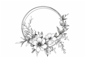 Poster -  floral circle frame. Hand drawn round line border, leaves and flowers. Invitations, cards, logos, posters for weddings and other events. Elegant minimal style floral  isolated set.
