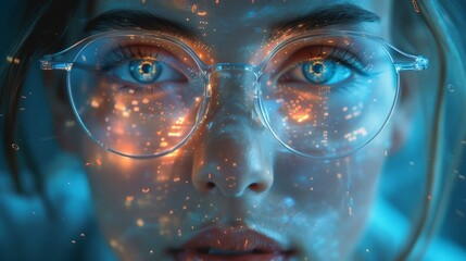 Leinwandbilder - Programmer or IT person in glasses and on a 3D screen thinking about data analytics, digital technology, and cybersecurity. Code hologram and woman on tablet thinking about data analytics, digital