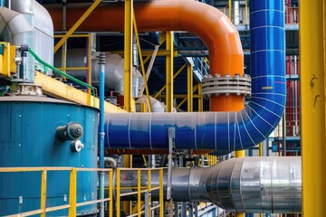 Poster - Modern industrial building with pipes, heat exchangers and valves.