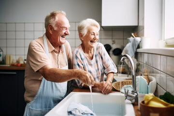 Wall Mural - Caucasian married senior mature couple washing dishes in the kitchen