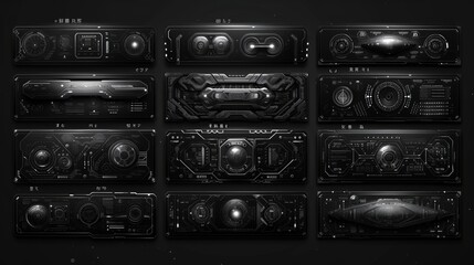 Aufkleber - Abstract technology text boxes. Futuristic HUD elements. Hi-tech cyberpunk frames and borders. Modern sci-fi banners. Black and white colors.  illustration.