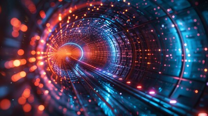 Poster - Technology abstract background with lines indicating networks, big data, data centers, servers, internet, speed. Abstract neon lights into a digital tunnel.