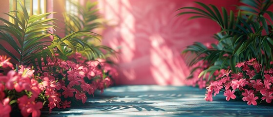 Poster - A pink gradient studio background for product presentations. An empty room with shadows of windows and flowers. A 3D room with copy space. A summer concert. A blurry background.