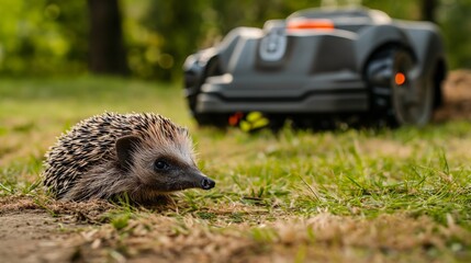 Hedgehog Cautiously Walking on Grass in Front of a Lawn Mower Robot