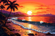 Sunset On The Beach: Groovy 70s Illustration With Vibrant Colors