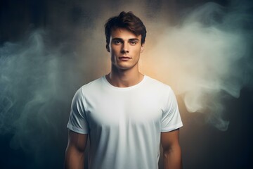 Wall Mural - Confident young man displays white t-shirt. Concept Fashion, Confidence, Style, Young Adult, White T-shirt