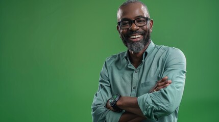 Happy, arms crossed and portrait of black man on green screen for confident, fashion and elegant style.