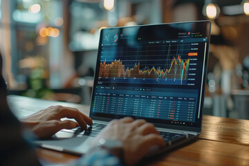 Businessman's hands working on finance, laptop computer with graphic diagrams, stock market. AI