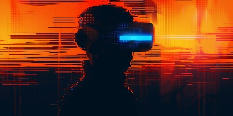 AI young creative man wearing a virtual reality headset VR goggles playing games, entertainment and digital technology metaverse of the future. Generative AI