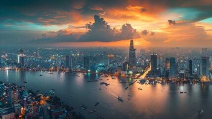 Panoramic of Ho chi minh city or Saigon city at twilight in Vietnam.