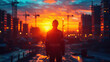© ADDICTIVE STOCK - Generative AI illustration of silhouette of a construction worker looking over the site at sunset with cranes and buildings in the background