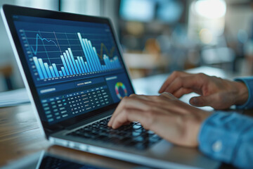 Businessman's hands working on finance, laptop computer with graphic diagrams, stock market. AI