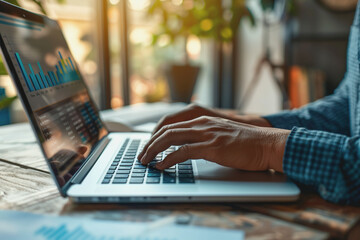 Businessman's hands working on finance, laptop computer with graphic diagrams, stock market. AI