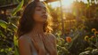 Young latin woman with hand on chest breathing in fresh air in a beautiful garden during sunset. Healthy mexican girl enjoying nature while meditating during morning exercise routine with closed eyes