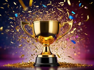 The gold medal winner's trophy cup takes center stage, surrounded by colorful celebratory confetti and bright festive explosions, symbolizing victory and success in the competition. Generative AI