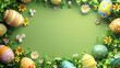 Easter border frame with copy space in center. Colored easter eggs decorations. Colorful decorated easter eggs on green background. Generative AI