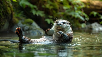 A playful otter floating on its back in a clear mountain stream, holding a stone, surrounded by green foliage