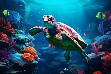 Wall Mural - Vibrant Underwater World with a Sea Turtle and Fish. Concept Underwater Photography, Sea Life Portraits, Vibrant Colors, Marine Animals, Water World