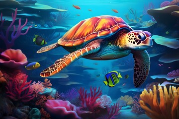 Wall Mural - Vibrant underwater world featuring a sea turtle and fish. Concept Underwater Photography, Vibrant Marine Life, Sea Turtle, Fish, Underwater Ecosystem