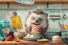 3d Render Of A Cheerful Hedgehog Baking Cupcakes In A Tiny Kitchen