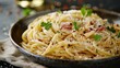 © arhendrix - Close-up image of a single dish of Spaghetti Carbonara, Italian cuisine, detailed textures,