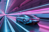 Fototapeta Fototapety przestrzenne i panoramiczne - 3d render of a sleek autonomous car speeding through a neon lit tunnel
