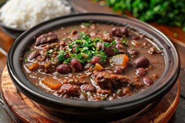 Close-up view of a Brazilian feijoada dish, rich and hearty stew, traditional flavors