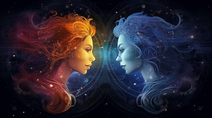 Wall Mural - illustration with zodiac sign gemini in cosmic space. two women in space. generative ai.