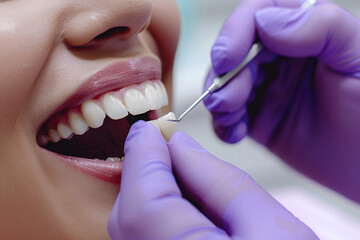 the dentist uses a tooth color sample from the palette. choosing the shade of dental veneers. veneer