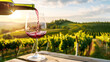 Wine glass with poured red wine and vineyard landscape of sunshine