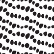 Pebble like black spots diagonally lined in seamless pattern. Black stones repeated in rows on white background. Minimal surface art for printing on various surfaces or usage in graphic design 