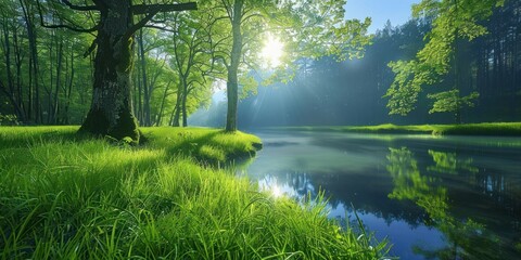 Wall Mural - tranquil nature view featuring meandering river through lush grassy landscape beauty with green tree