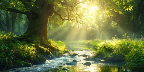 Wall Mural - tranquil nature view featuring meandering river through lush grassy landscape beauty with green tree
