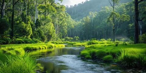 Wall Mural - tranquil nature view featuring meandering river through lush grassy landscape beauty with green tree
