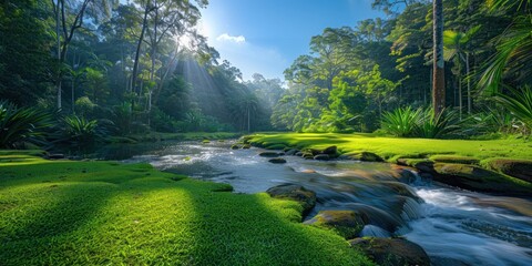 Wall Mural - tranquil nature view featuring meandering river through lush grassy landscape beauty with green tree