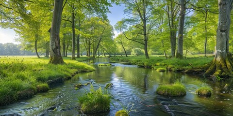 Canvas Print - Tranquil nature view featuring meandering river through lush grassy landscape beauty with green trees and clear water ideal for capturing essence of peaceful outdoor environments of forest parks