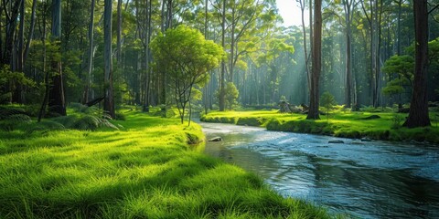 Wall Mural - tranquil nature view featuring meandering river through lush grassy landscape beauty with green tree
