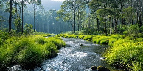 Wall Mural - tranquil nature view featuring meandering river through lush grassy landscape beauty with green tree