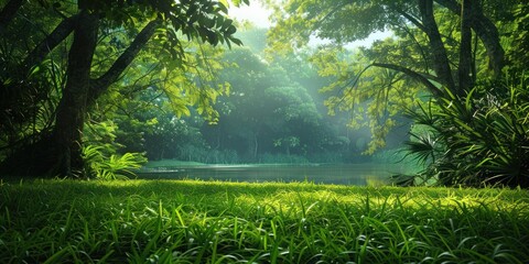 Wall Mural - tranquil nature view featuring meandering river through lush grassy landscape beauty with green tree