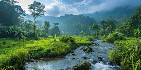 Canvas Print - Tranquil nature view featuring meandering river through lush grassy landscape beauty with green trees and clear water ideal for capturing essence of peaceful outdoor environments of forest parks