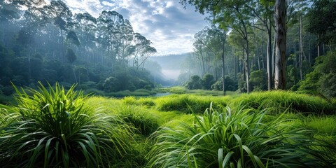 Wall Mural - tranquil nature view featuring meandering river through lush grassy landscape beauty with green tree