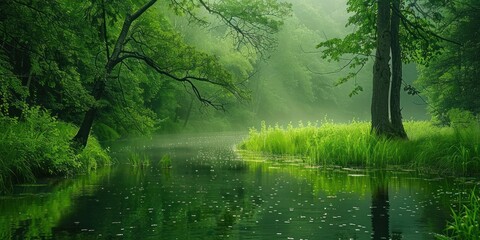 Wall Mural - tranquil nature view featuring meandering river through lush grassy landscape beauty with green tree