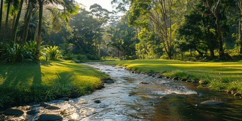 Wall Mural - tranquil nature view featuring meandering river through lush grassy landscape beauty with green tree